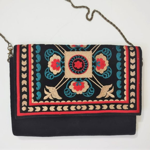 Handbags - Embroidered Bohemian Purse with Chain Strap